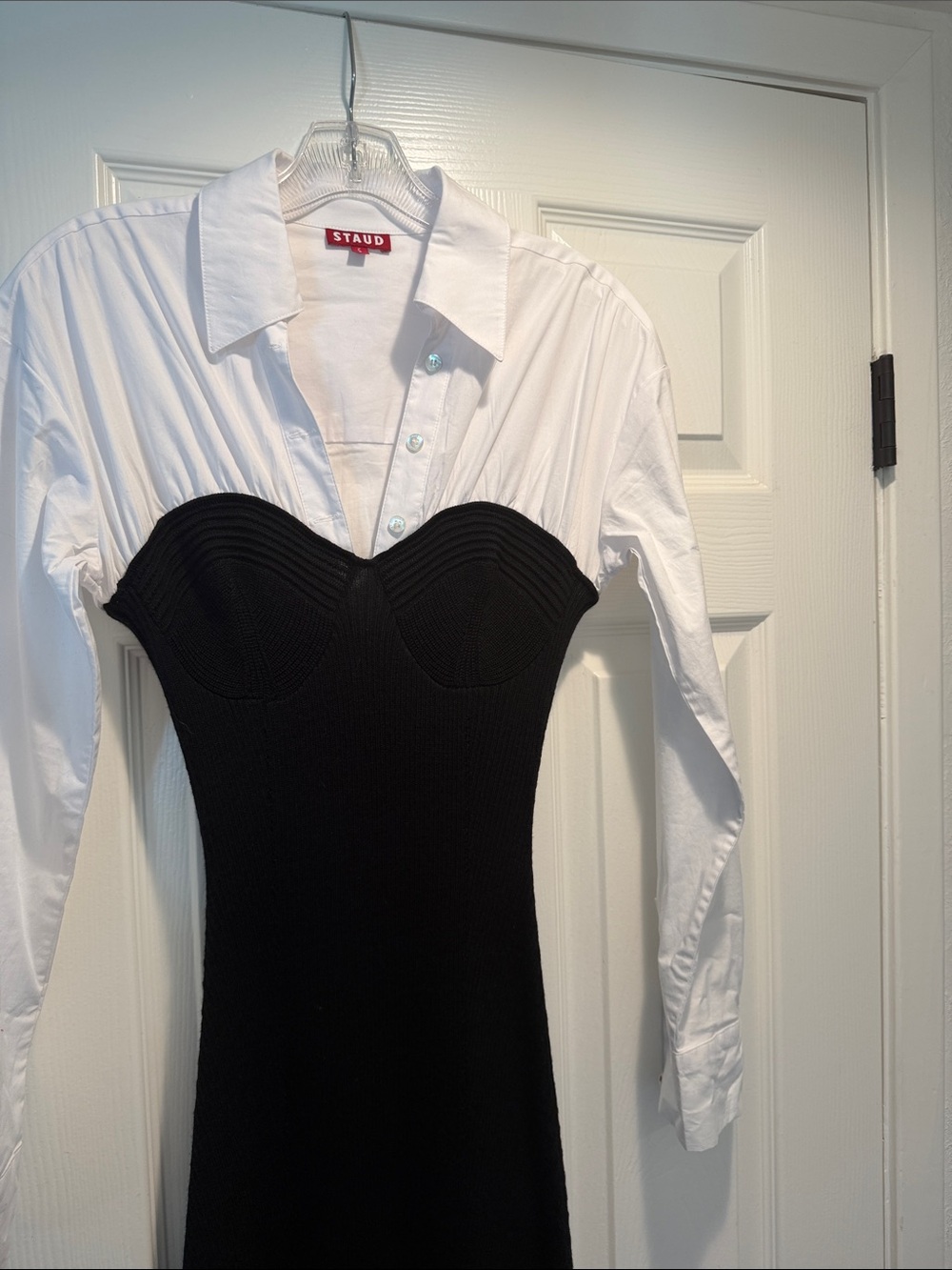 STAUD Black Strapless Knit Dress with Attached White Shirt
